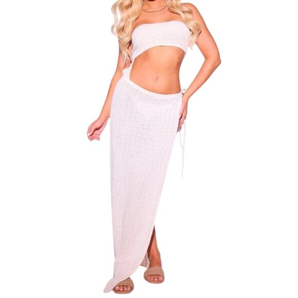 PrettyLittleThing Cream Strapless Crochet Bandeau Cut Out Maxi Dress SM/10 NWT - Picture 1 of 13